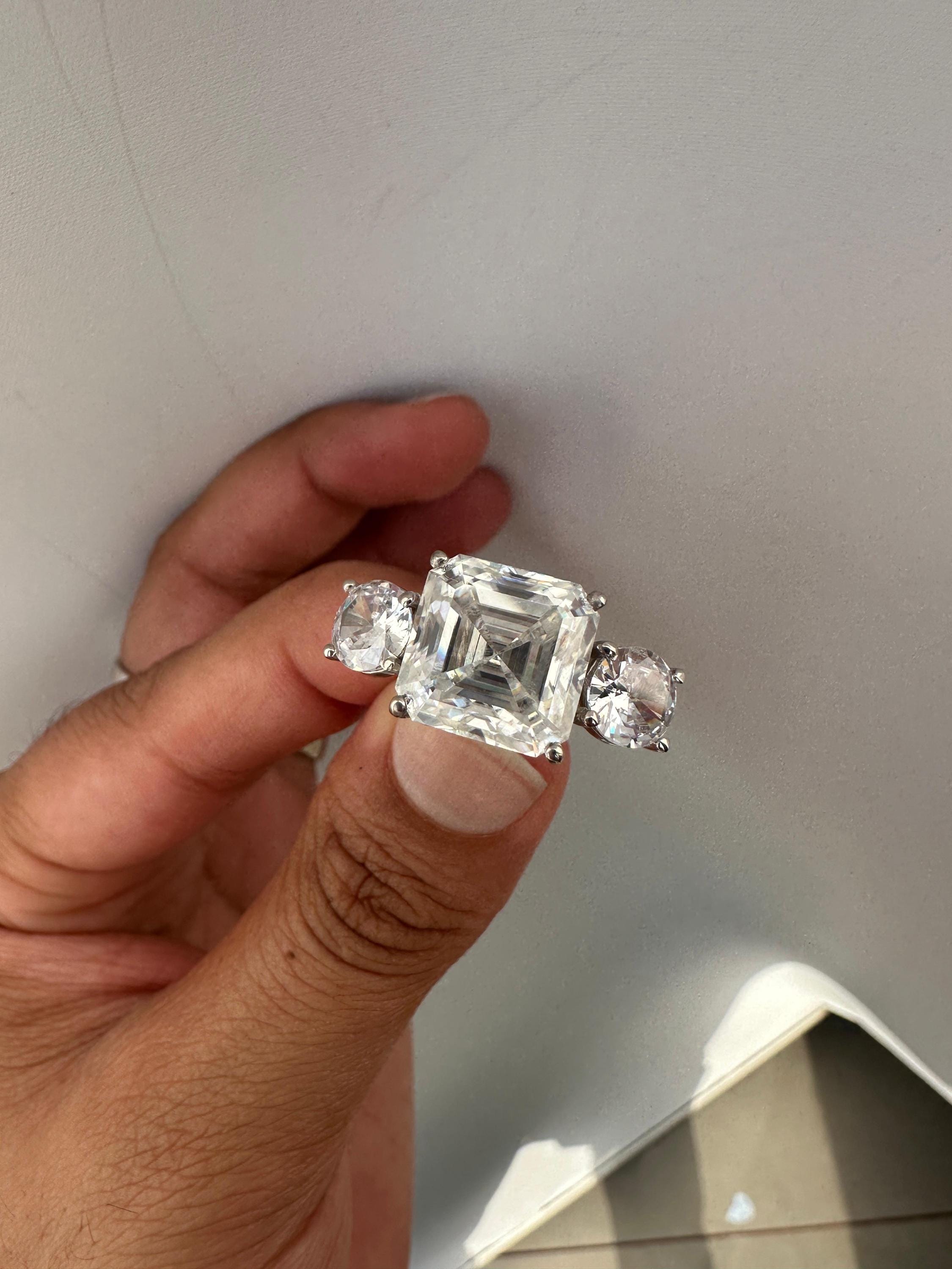 10 CT Asscher Cut Moissanite Ring, 14K White Gold Three Stone Engagement Ring