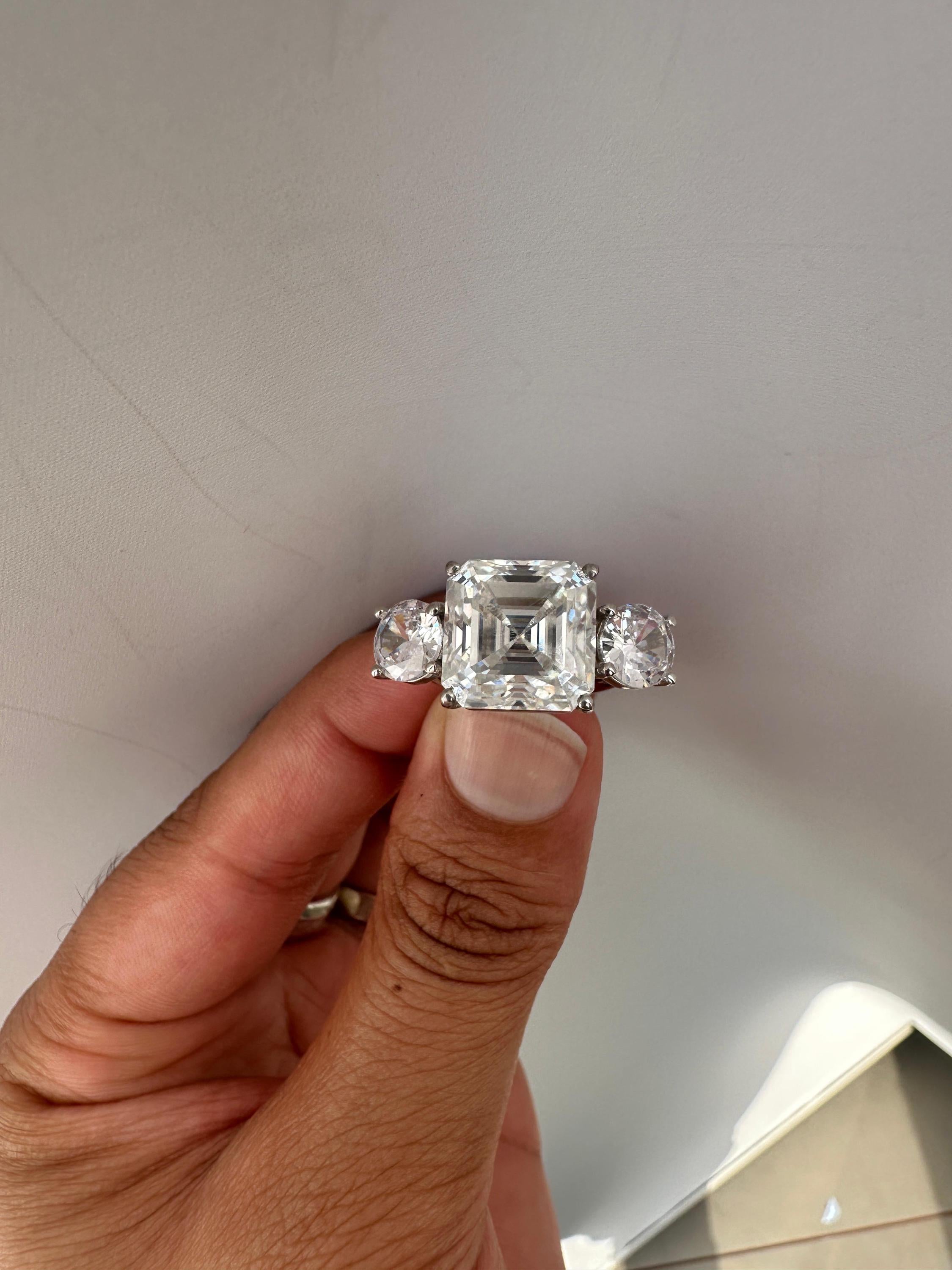 10 CT Asscher Cut Moissanite Ring, 14K White Gold Three Stone Engagement Ring