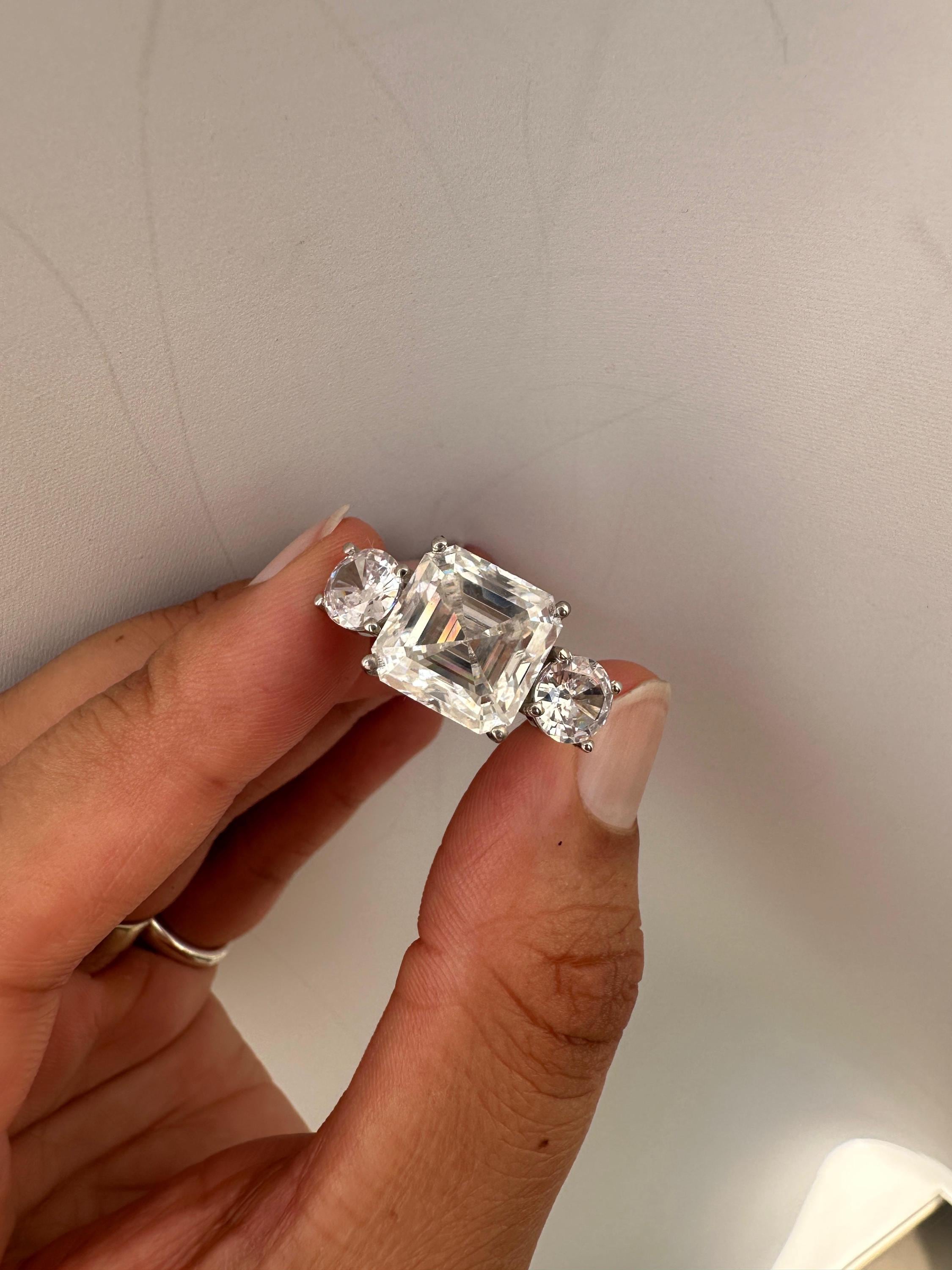 10 CT Asscher Cut Moissanite Ring, 14K White Gold Three Stone Engagement Ring