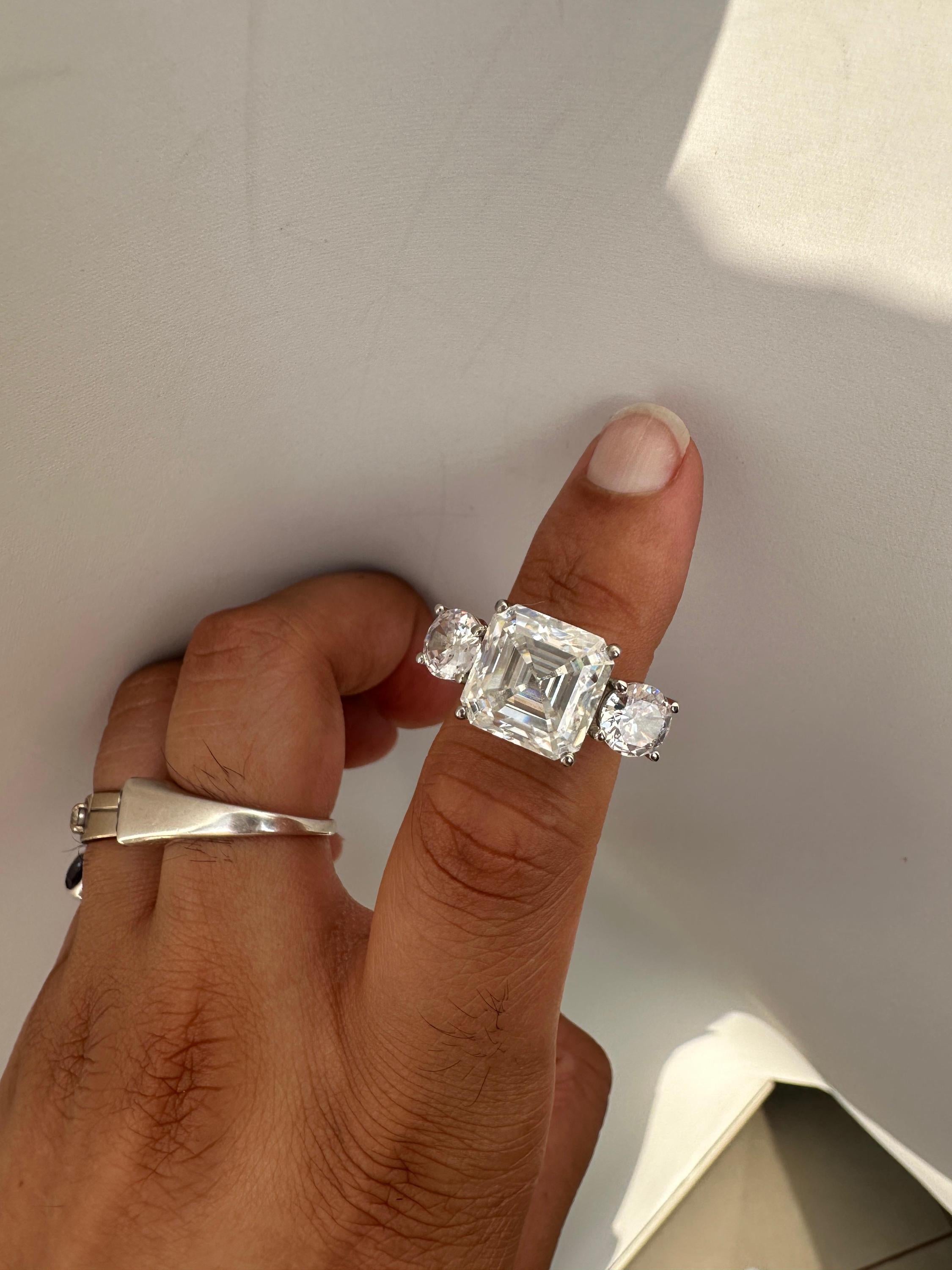 10 CT Asscher Cut Moissanite Ring, 14K White Gold Three Stone Engagement Ring