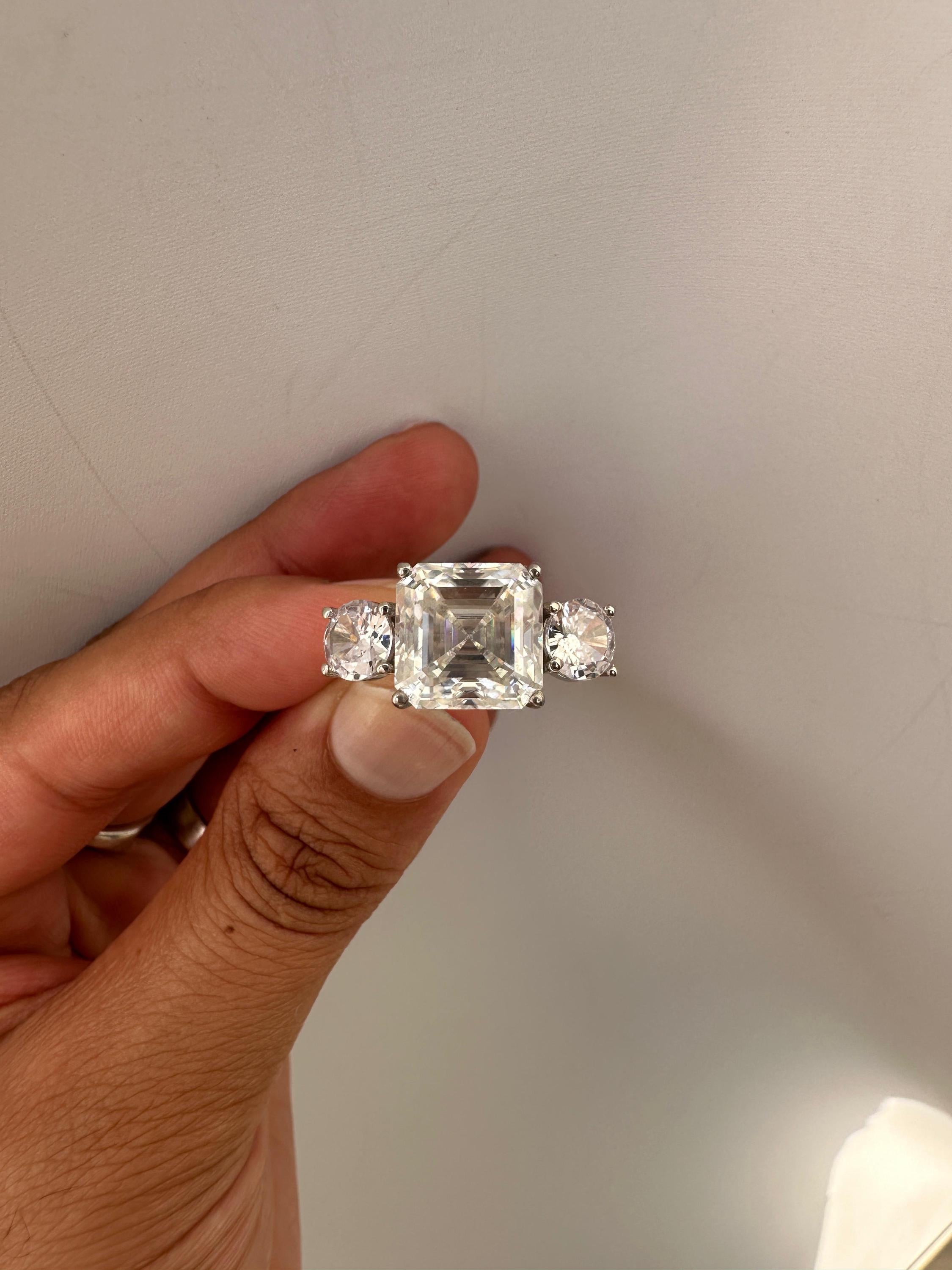 10 CT Asscher Cut Moissanite Ring, 14K White Gold Three Stone Engagement Ring