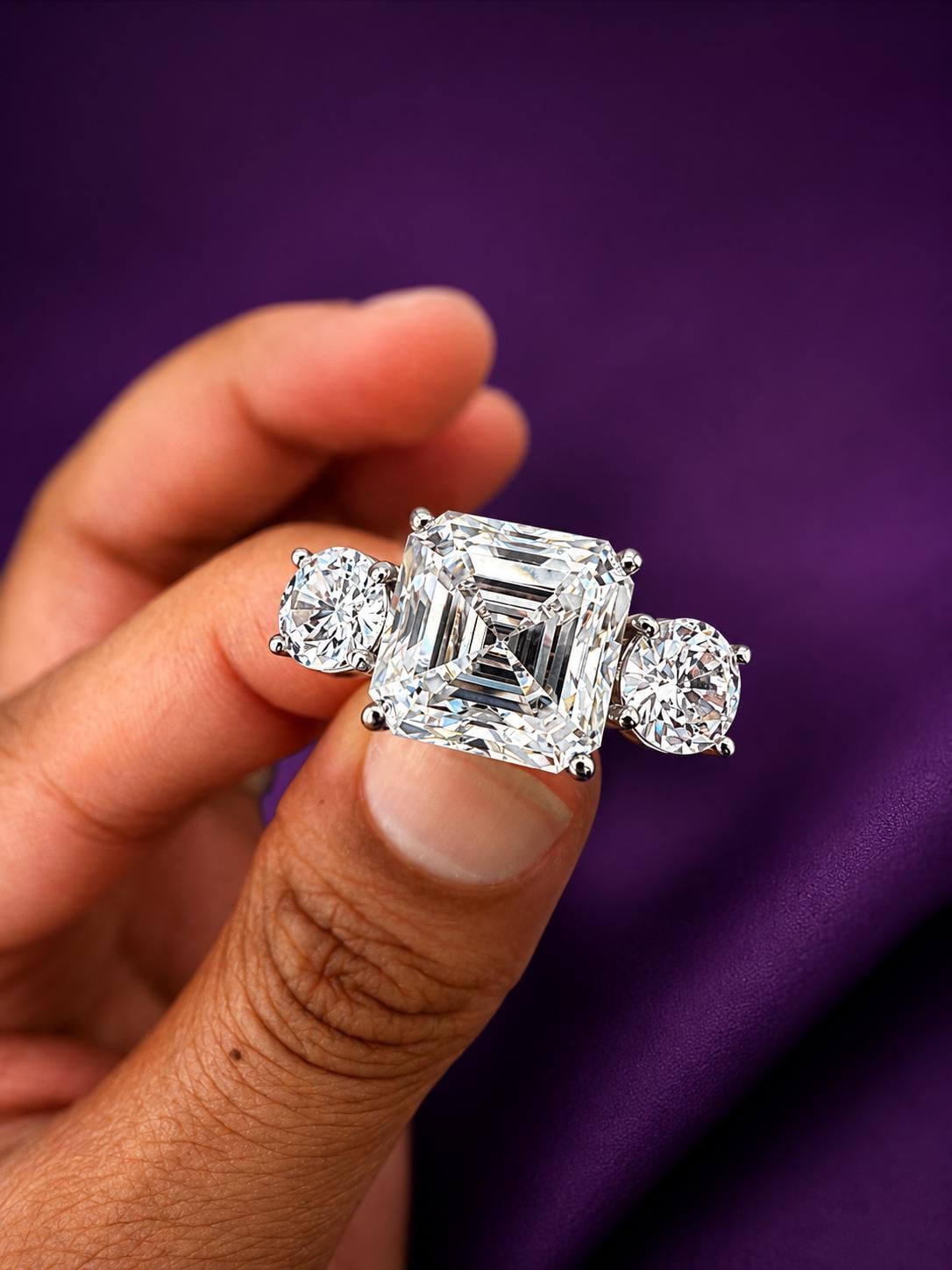 10 CT Asscher Cut Moissanite Ring, 14K White Gold Three Stone Engagement Ring