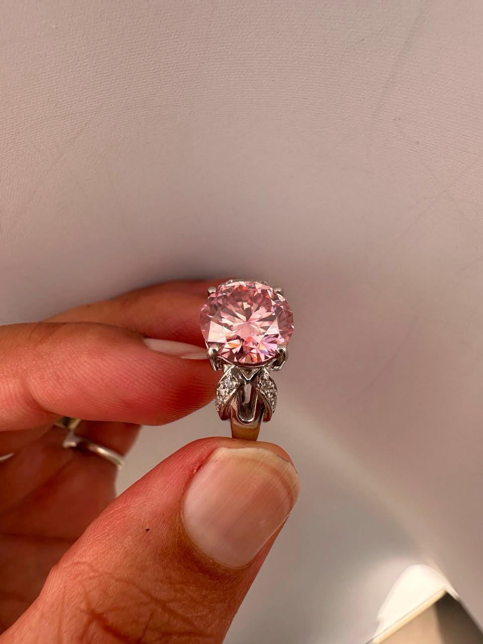 5 CT Pink Round Moissanite Engagement Ring, 14K White Gold Crossover Band