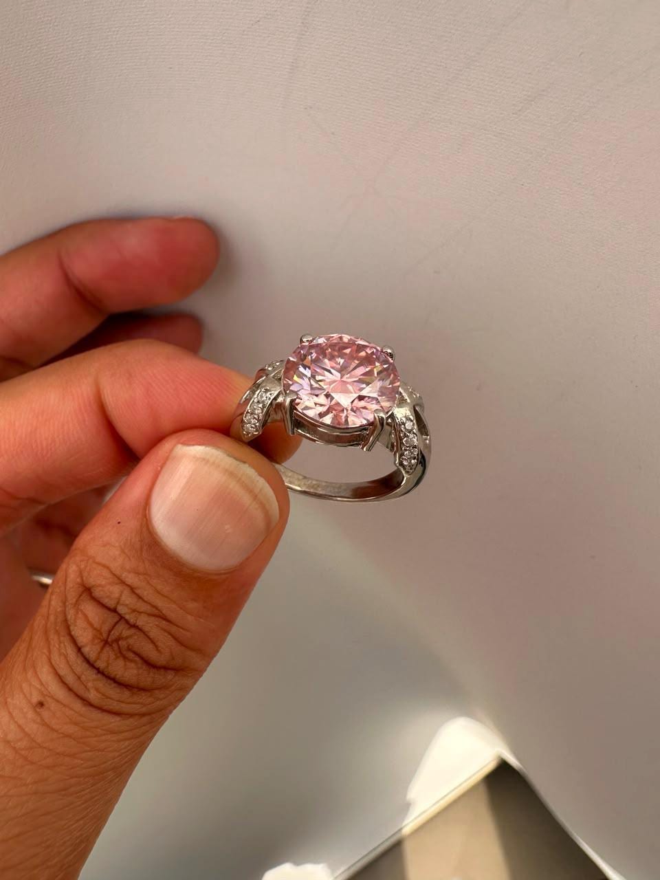 5 CT Pink Round Moissanite Engagement Ring, 14K White Gold Crossover Band