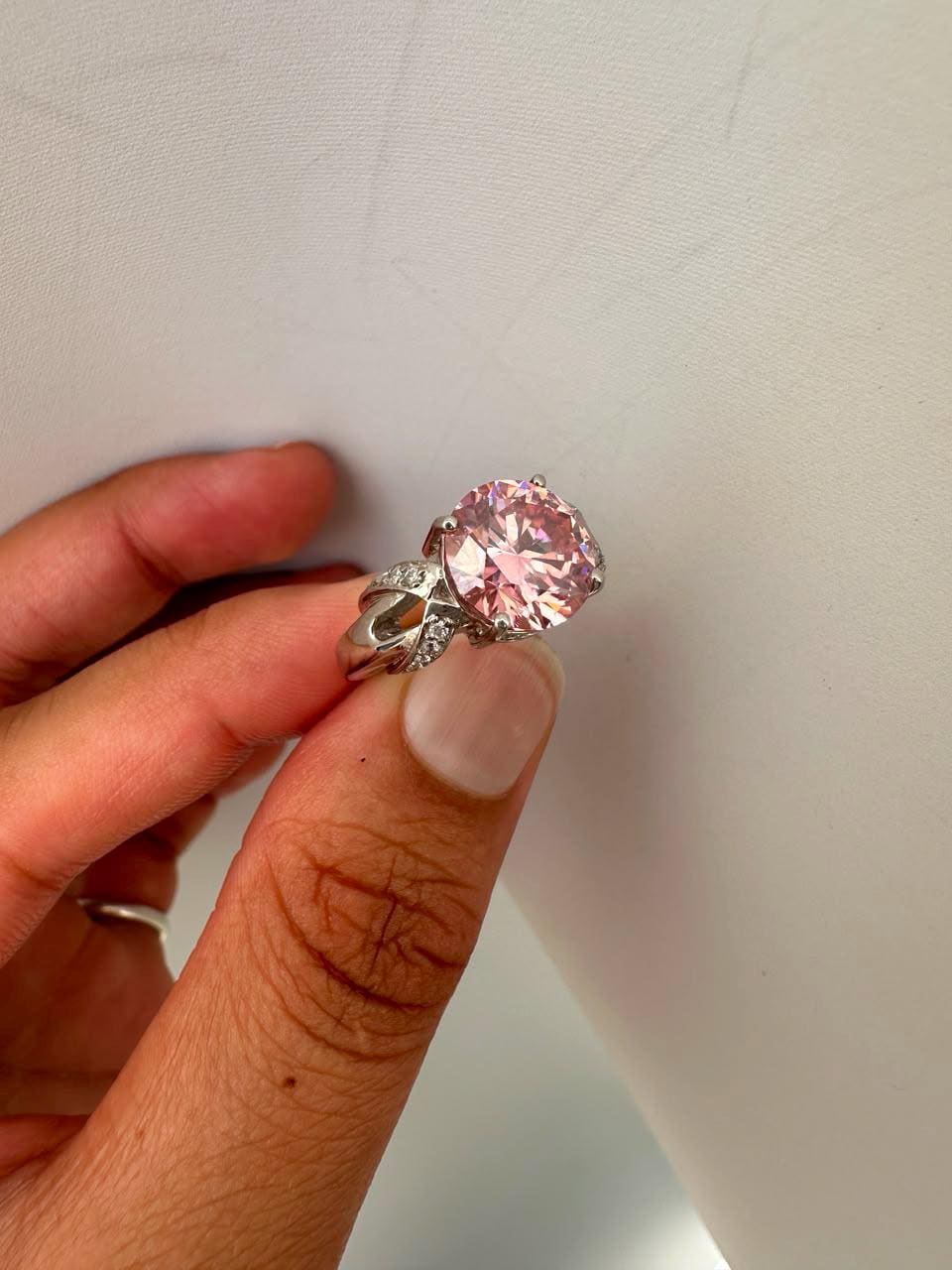5 CT Pink Round Moissanite Engagement Ring, 14K White Gold Crossover Band