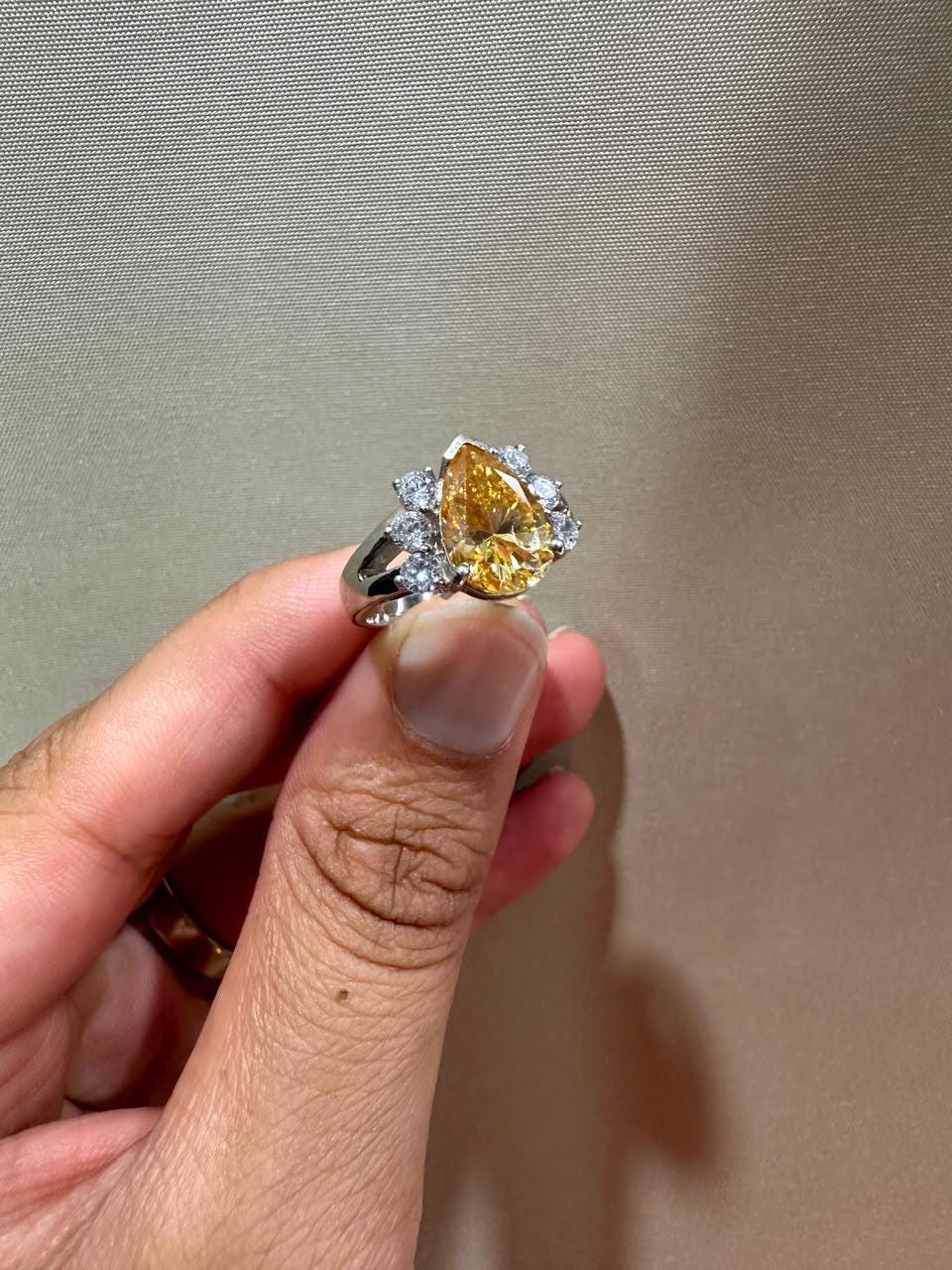 14K Gold Yellow Pear Moissanite Engagement Ring, 4 CT Statement Engagement Ring, Luxury Anniversary Gift