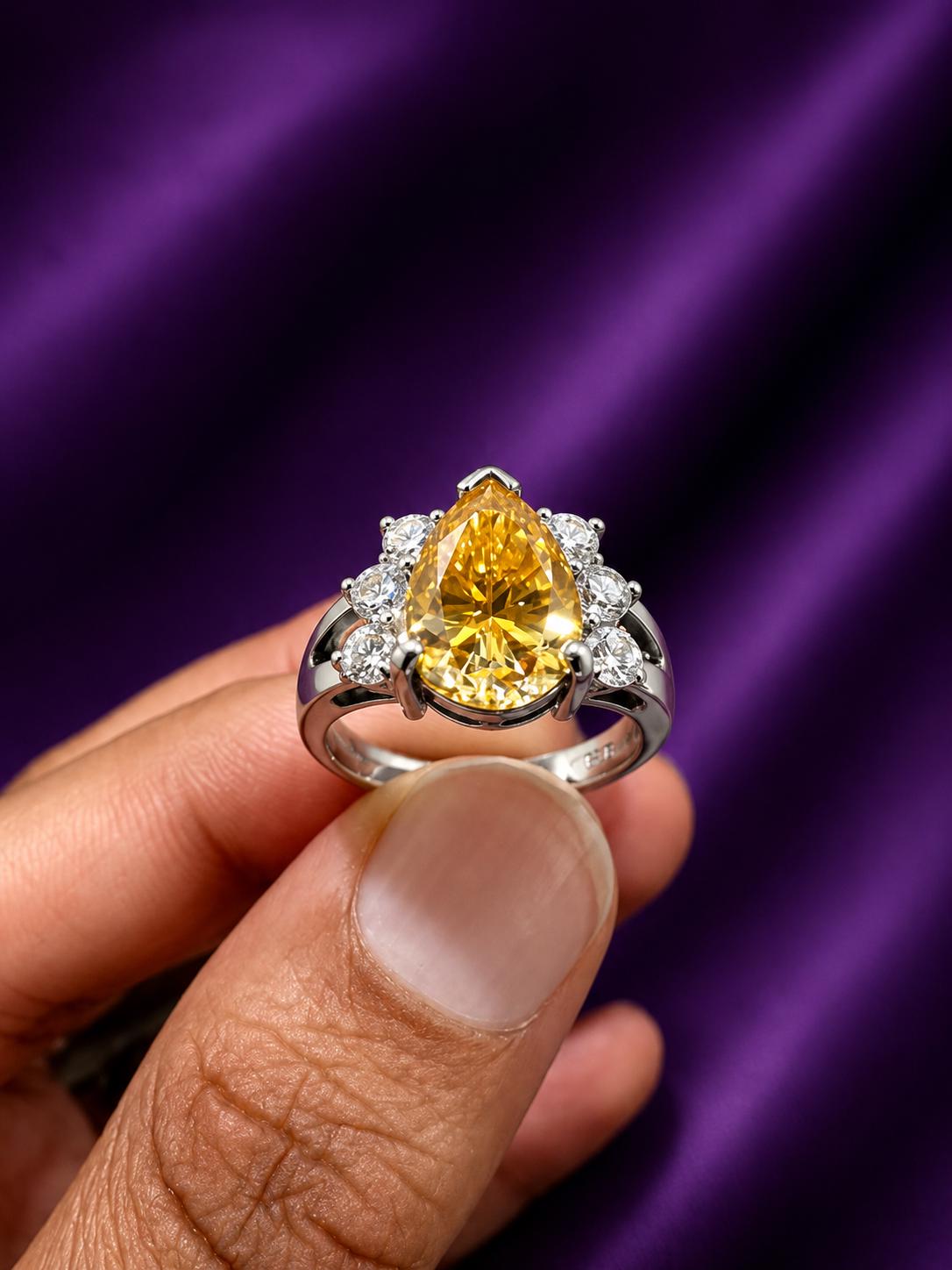 14K Gold Yellow Pear Moissanite Engagement Ring, 4 CT Statement Engagement Ring, Luxury Anniversary Gift