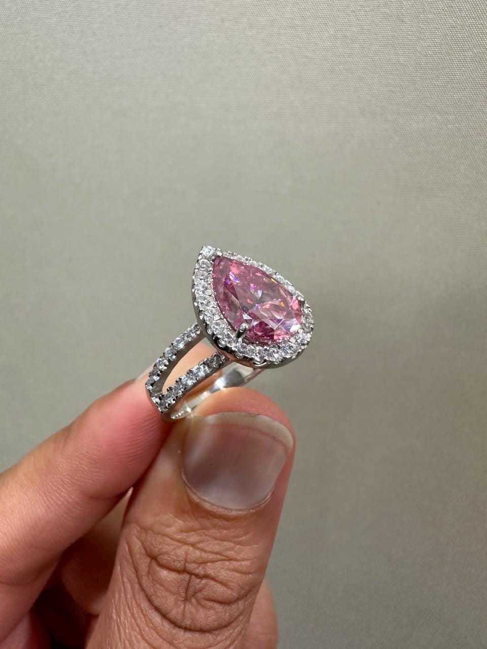 4 CT Pink Pear Moissanite Halo Engagement Ring 14K White Gold Split Shank