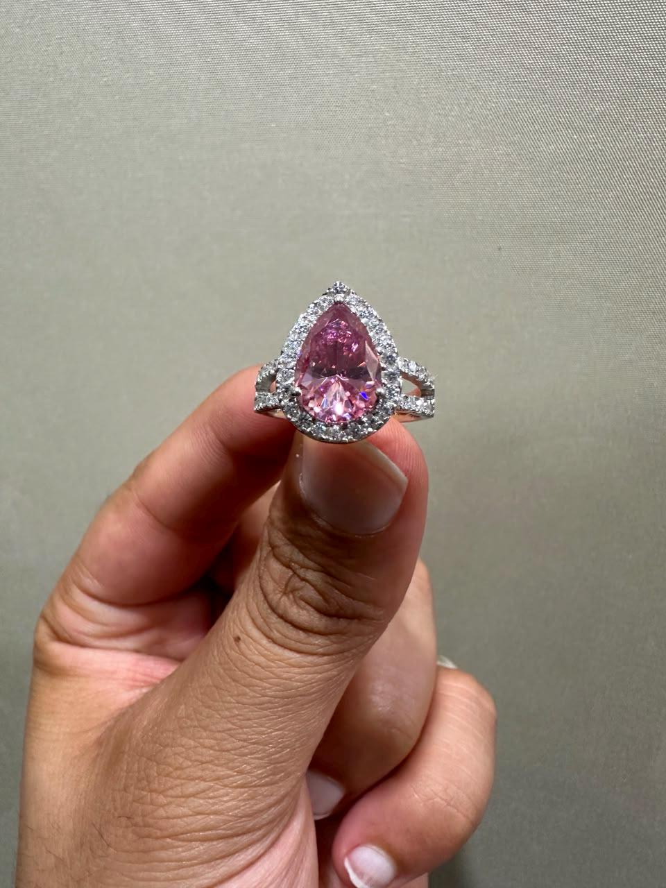 4 CT Pink Pear Moissanite Halo Engagement Ring 14K White Gold Split Shank
