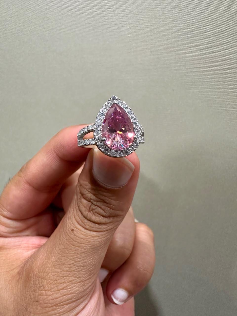 4 CT Pink Pear Moissanite Halo Engagement Ring 14K White Gold Split Shank