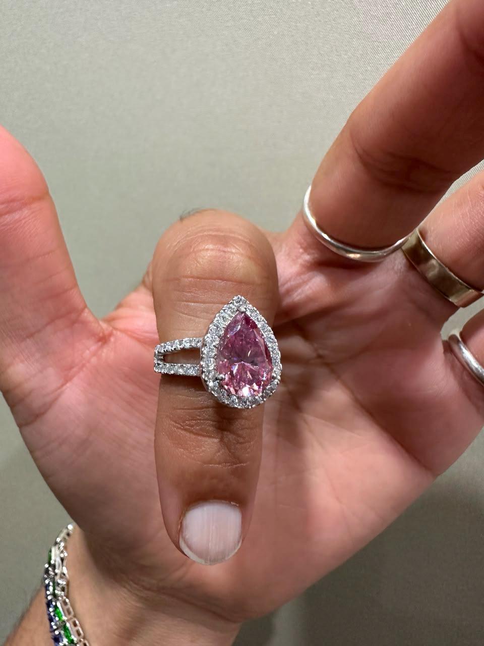 4 CT Pink Pear Moissanite Halo Engagement Ring 14K White Gold Split Shank