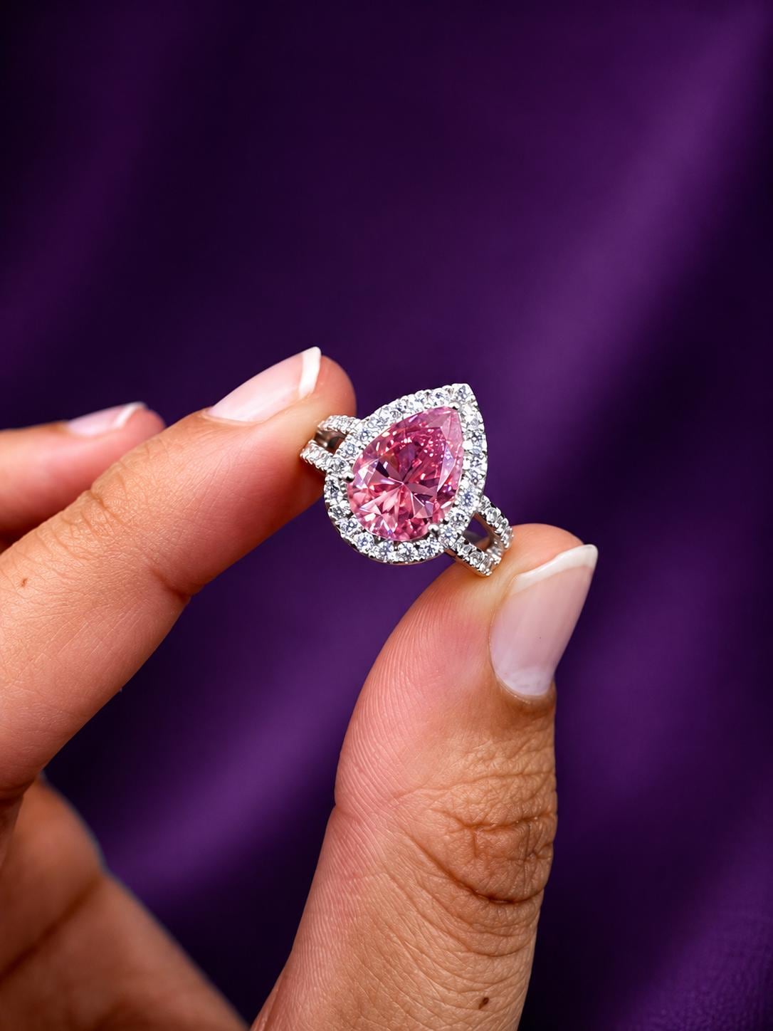 4 CT Pink Pear Moissanite Halo Engagement Ring 14K White Gold Split Shank
