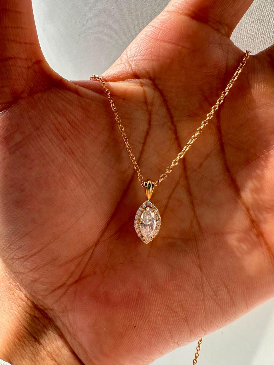 Marquise Moissanite Halo Pendant Necklace | 1.5 CT 14K Yellow Gold, Luxury Gift for Her
