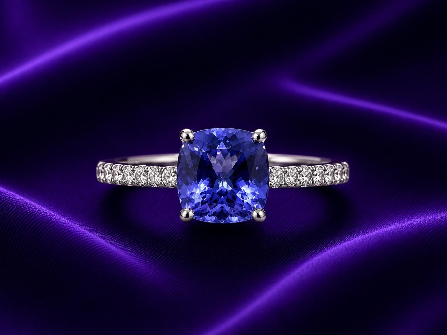 1 CT Cushion Tanzanite Moissanite Ring | 14K White Gold Minimal Engagement Ring