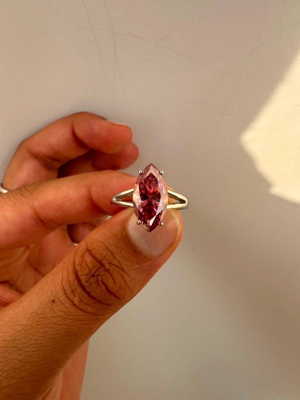 14K White Gold Marquise Pink Moissanite Engagement Ring, 5 Ct Statement Proposal Jewelry