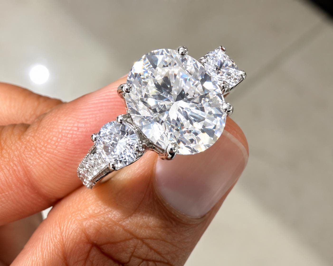 Oval Cut Moissanite Engagement Ring, 5 Carat, 14K White Gold Three Stone Ring