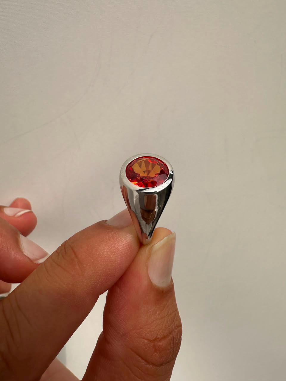 Sunburst Orange Moissanite Signet Ring, 14K White Gold Bezel Set Statement Ring