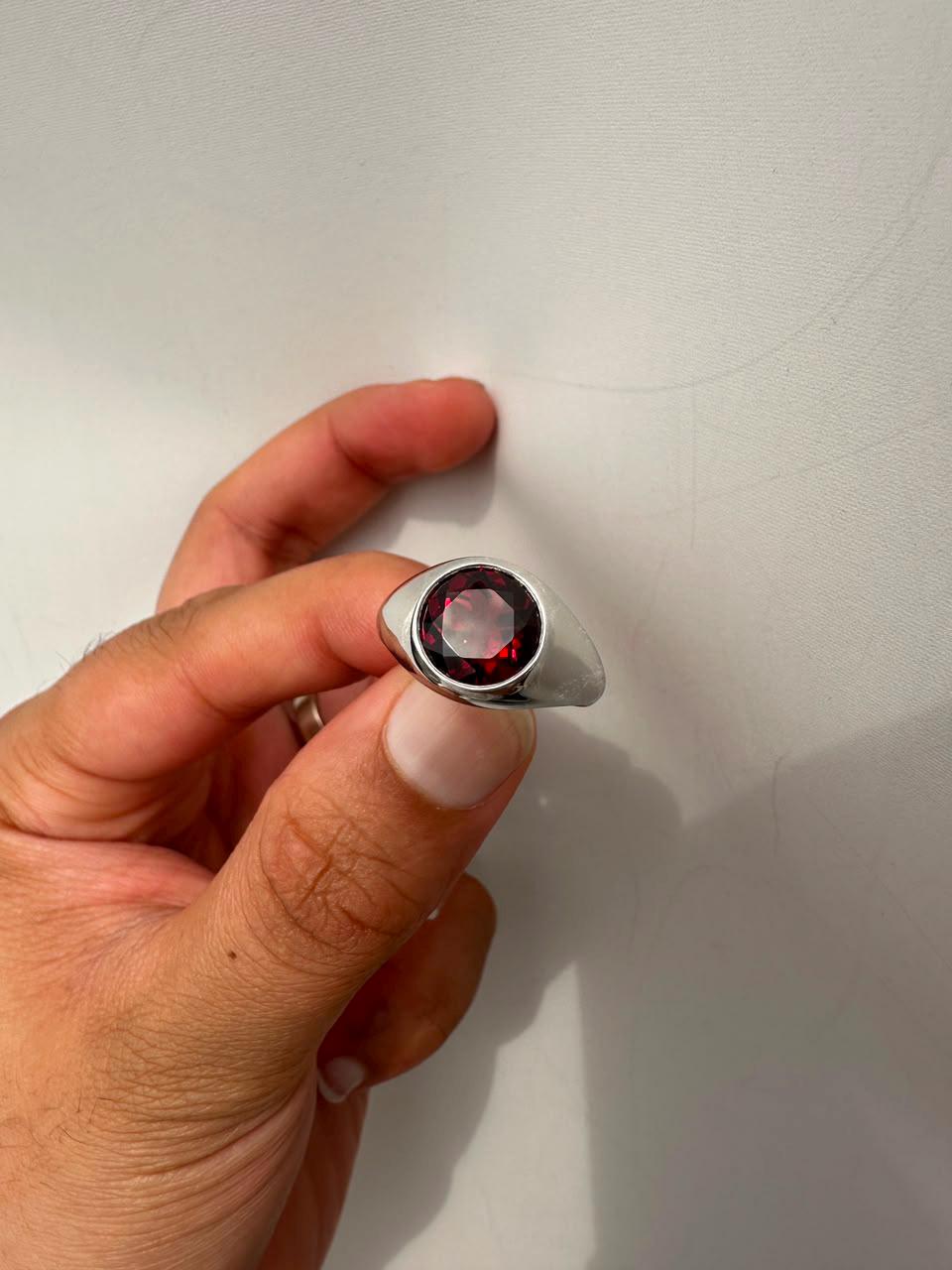Red Garnet Signet Ring, 14K White Gold Bezel Set, January Birthstone Statement Ring