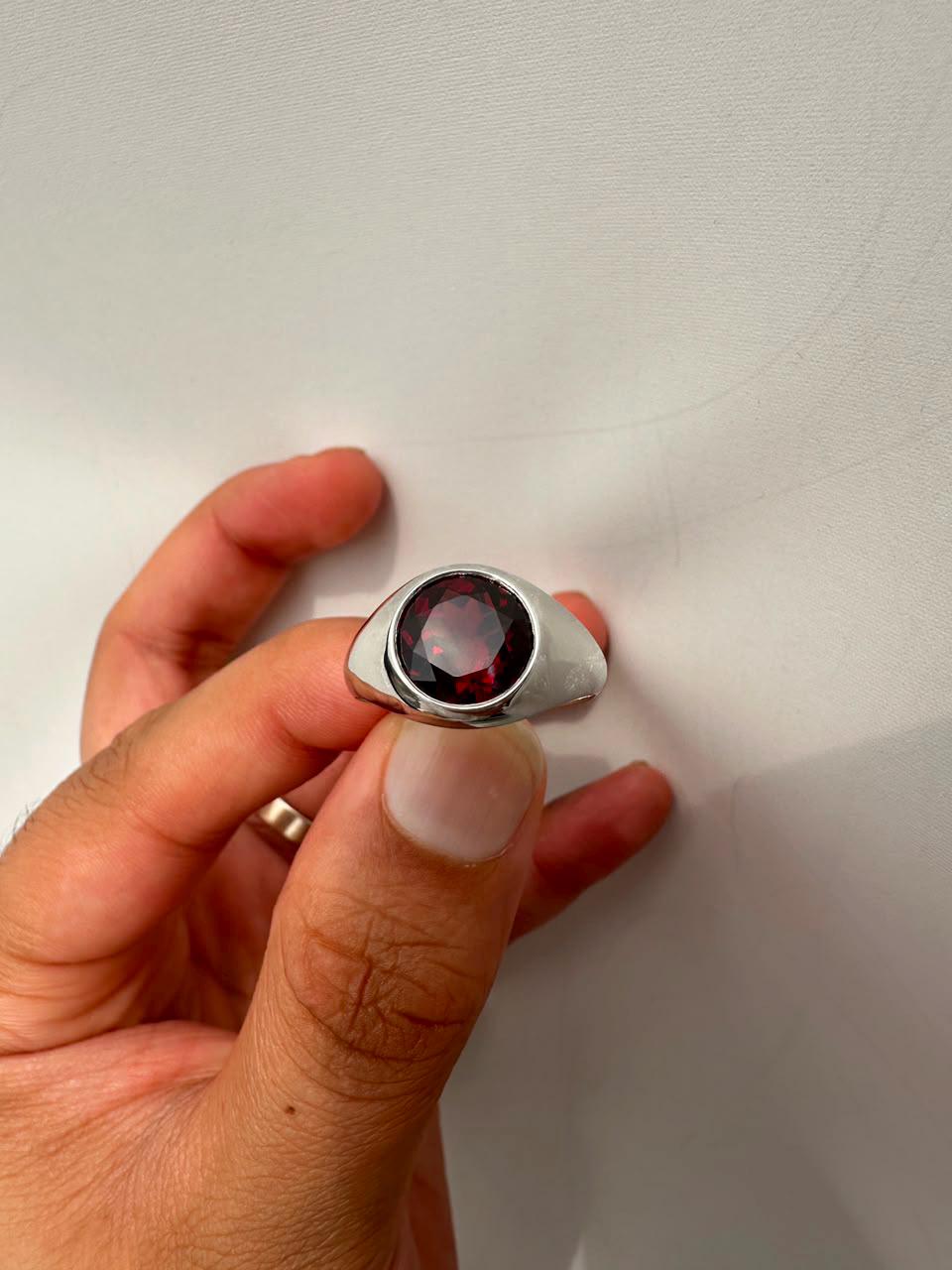 Red Garnet Signet Ring, 14K White Gold Bezel Set, January Birthstone Statement Ring