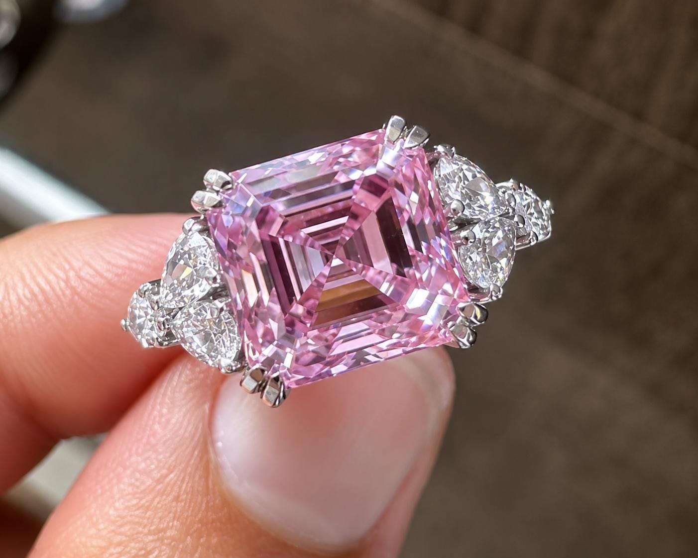 4 Ct Ascher cut Pink Moissanite Ring | 14K White Gold, Luxury gift for her