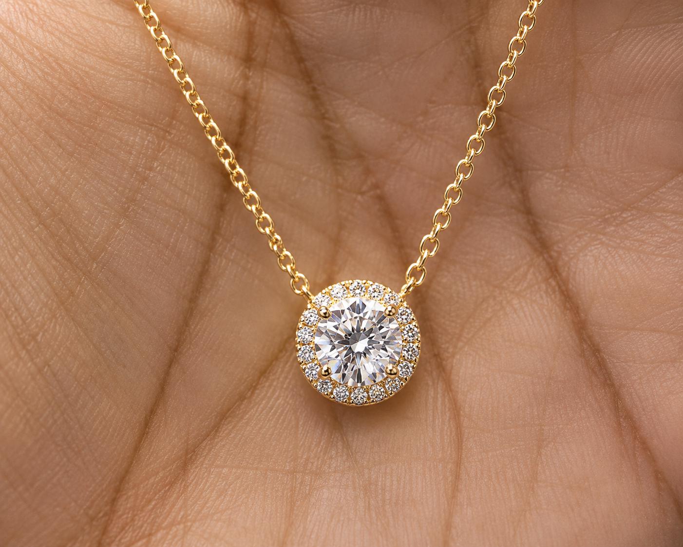Minimal Moissanite Halo Pendant 14K Yellow Gold, 1 CT Round Moissanite Necklace for her