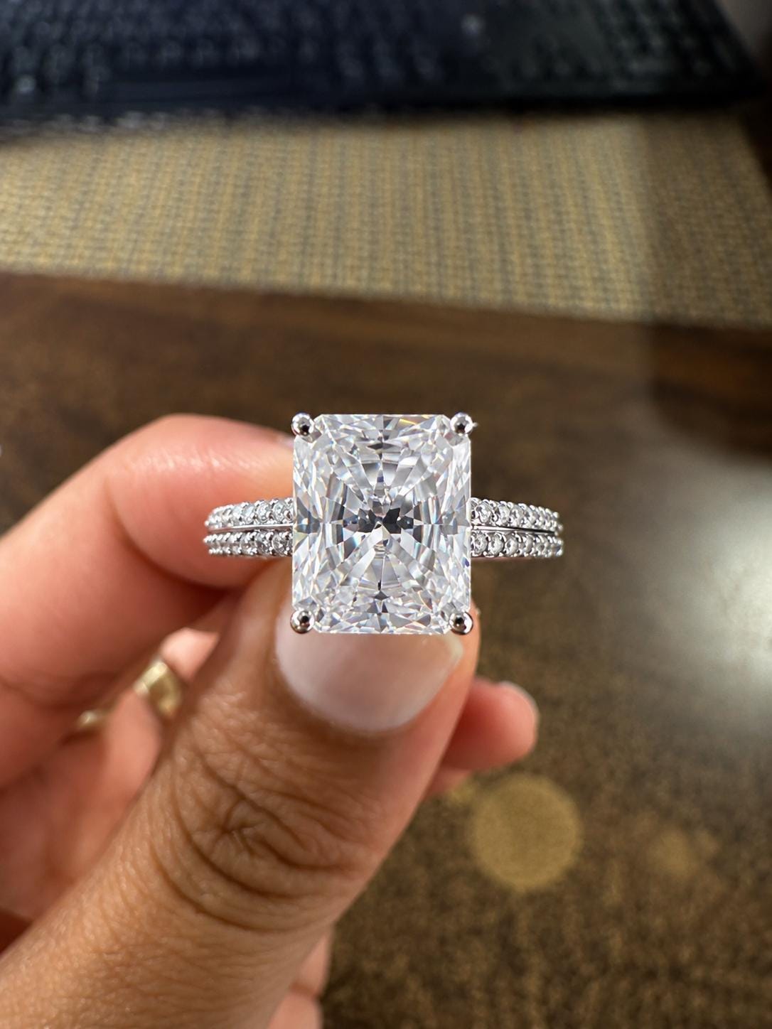 Radiant Cut Moissanite Engagement Ring, Double Pavé Band Ring, Anniversary Gift for Her