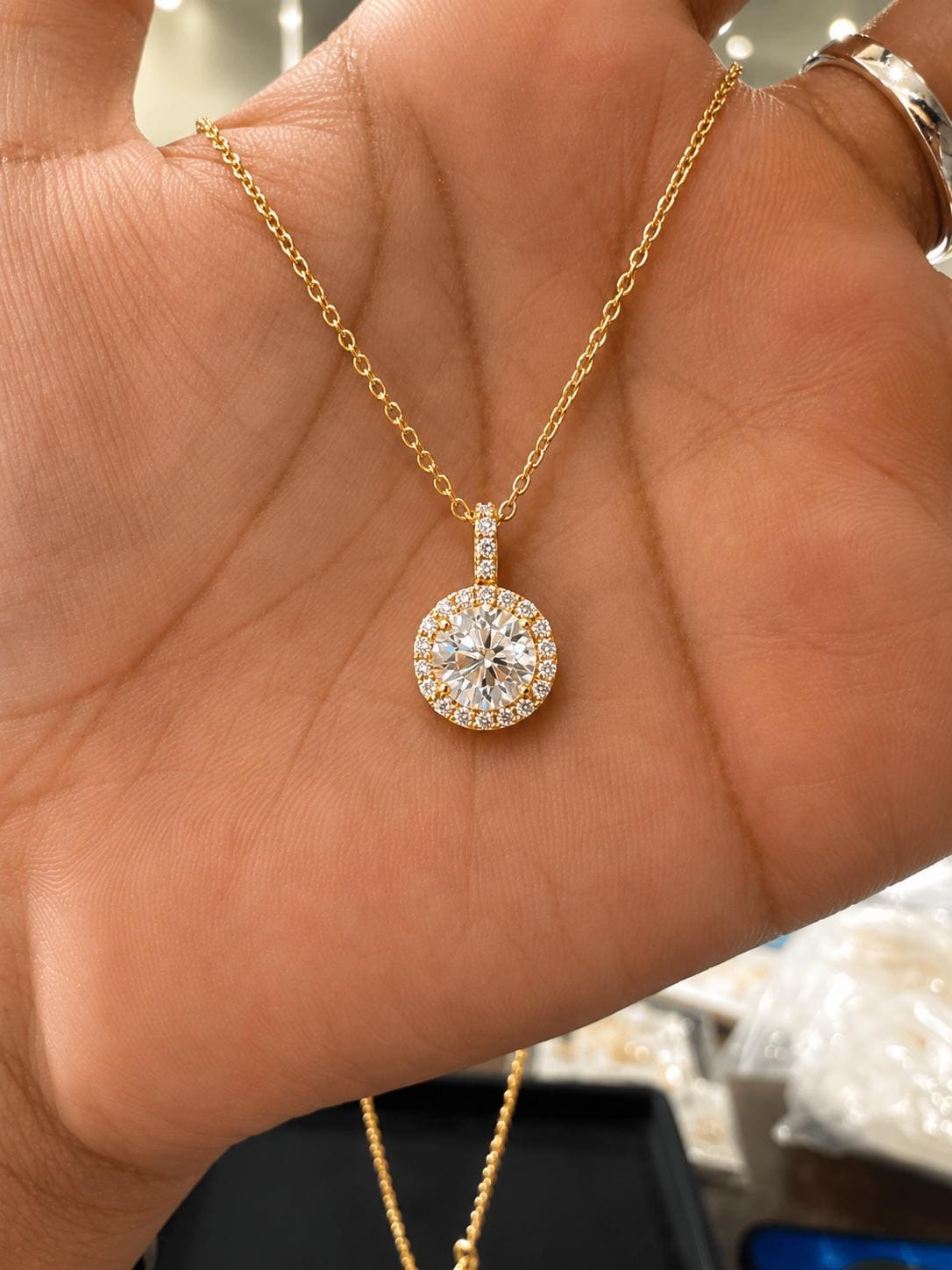 Round Cut Moissanite Halo Pendant, 14K Yellow Gold Vermeil, Vintage Style Necklace