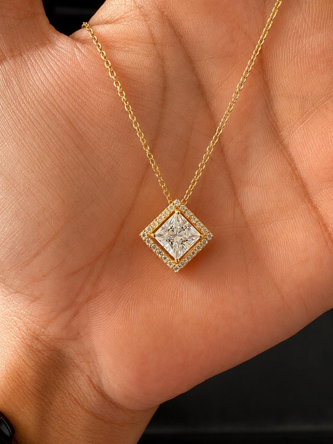 Princess Cut Moissanite Halo Pendant Necklace, 14K Gold Vermeil Jewelry, Gift for Her