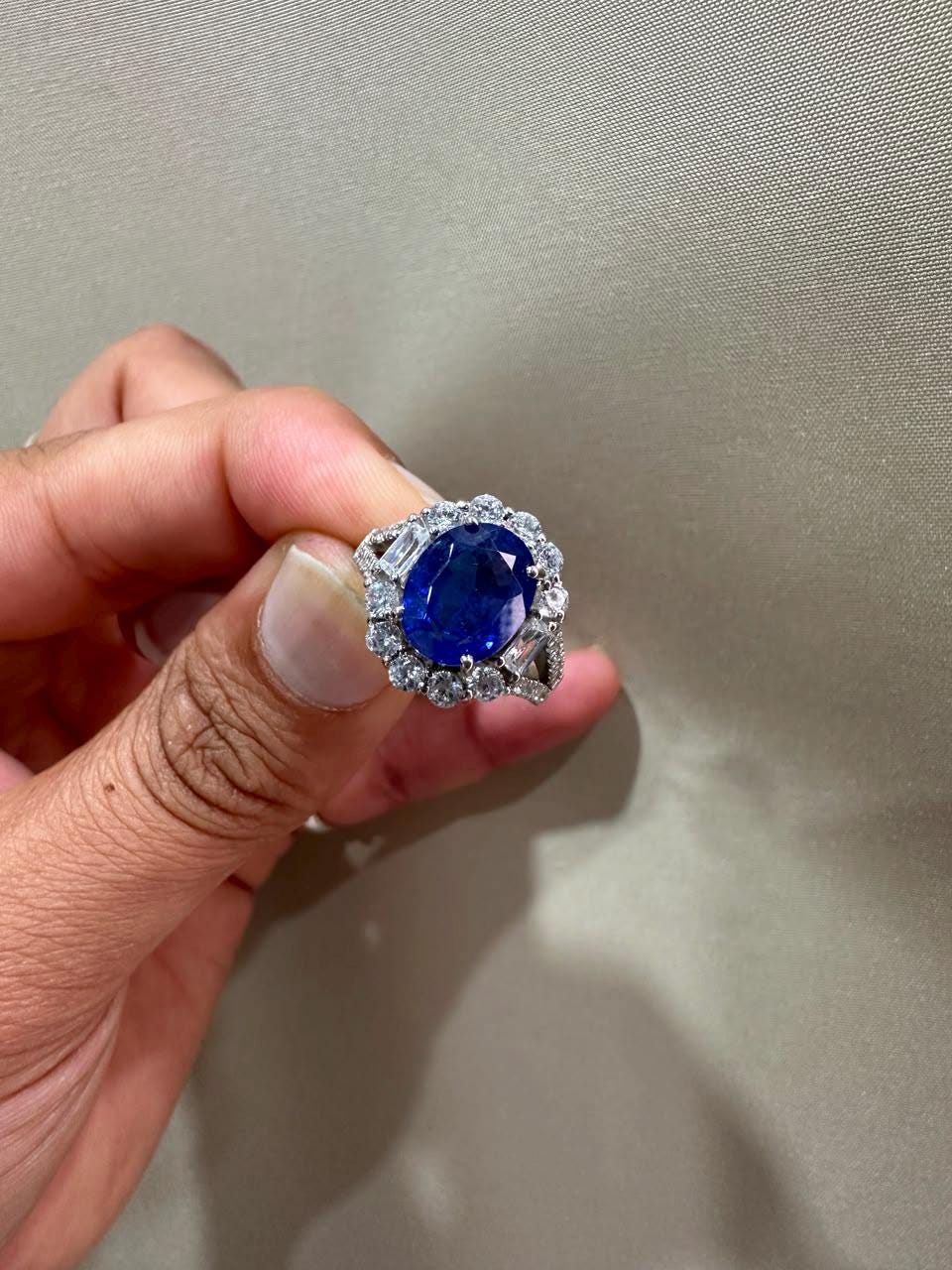 3 CT Oval Blue Sapphire Halo Engagement Ring, 14K White Gold Vintage Ring