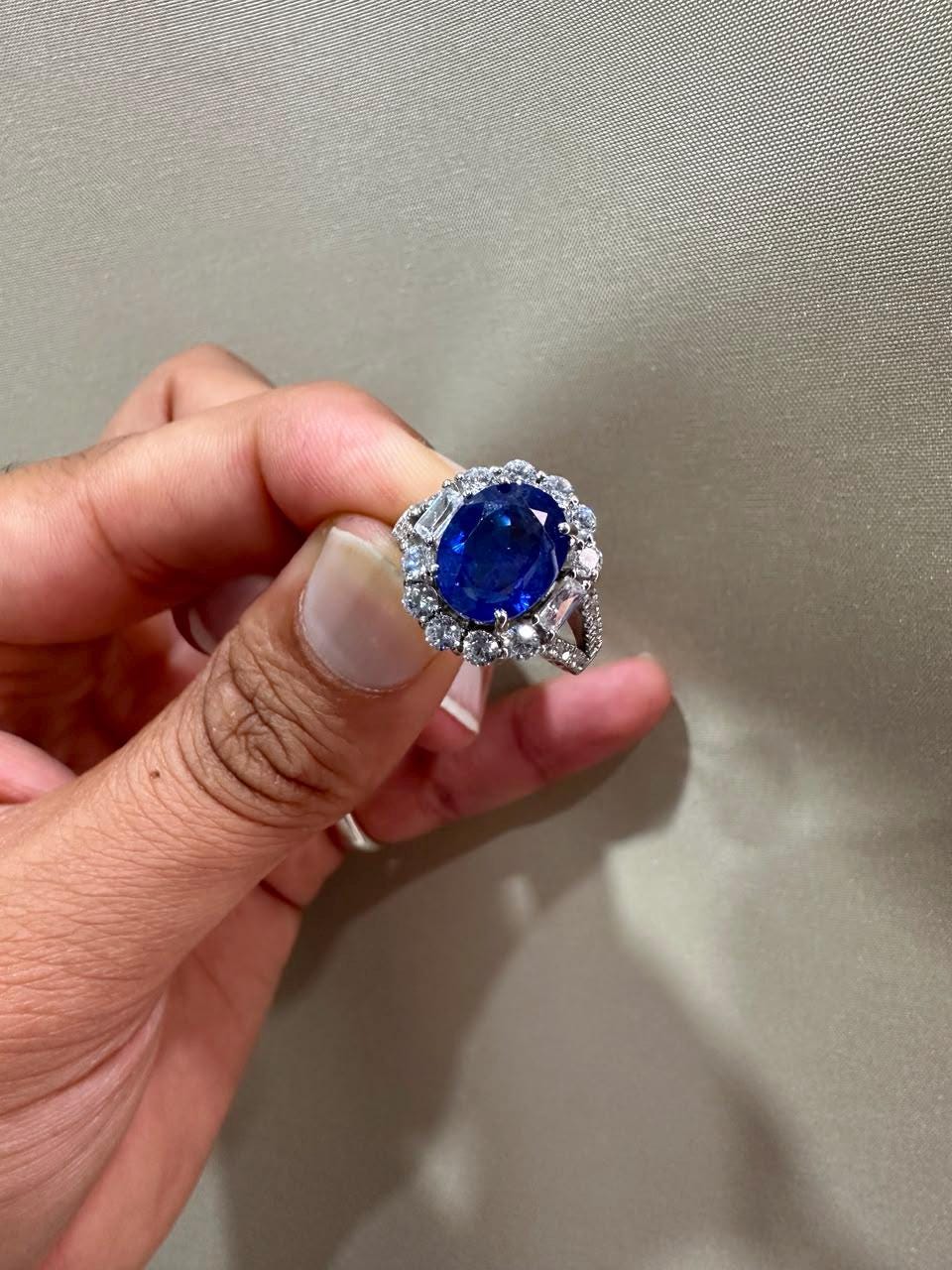 3 CT Oval Blue Sapphire Halo Engagement Ring, 14K White Gold Vintage Ring