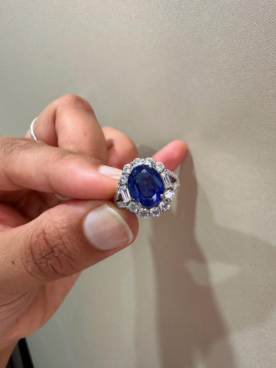 3 CT Oval Blue Sapphire Halo Engagement Ring, 14K White Gold Vintage Ring