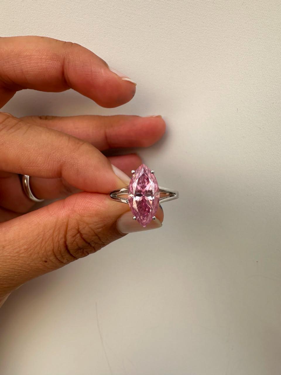 Dreamy Pink Marquise Moissanite Engagement Ring, 14K White Gold Solitaire 5 CT