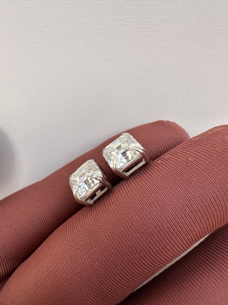 10CT Asscher Cut Moissanite Stud Earrings | 14K White Gold, Screw Back, Men's diamond studs
