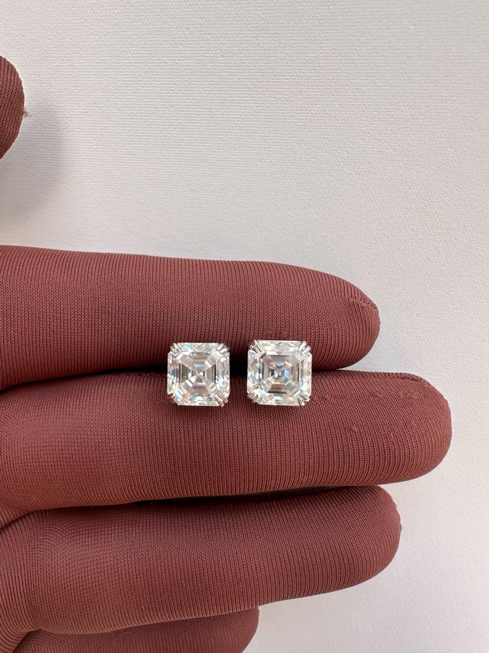 10CT Asscher Cut Moissanite Stud Earrings | 14K White Gold, Screw Back, Men's diamond studs