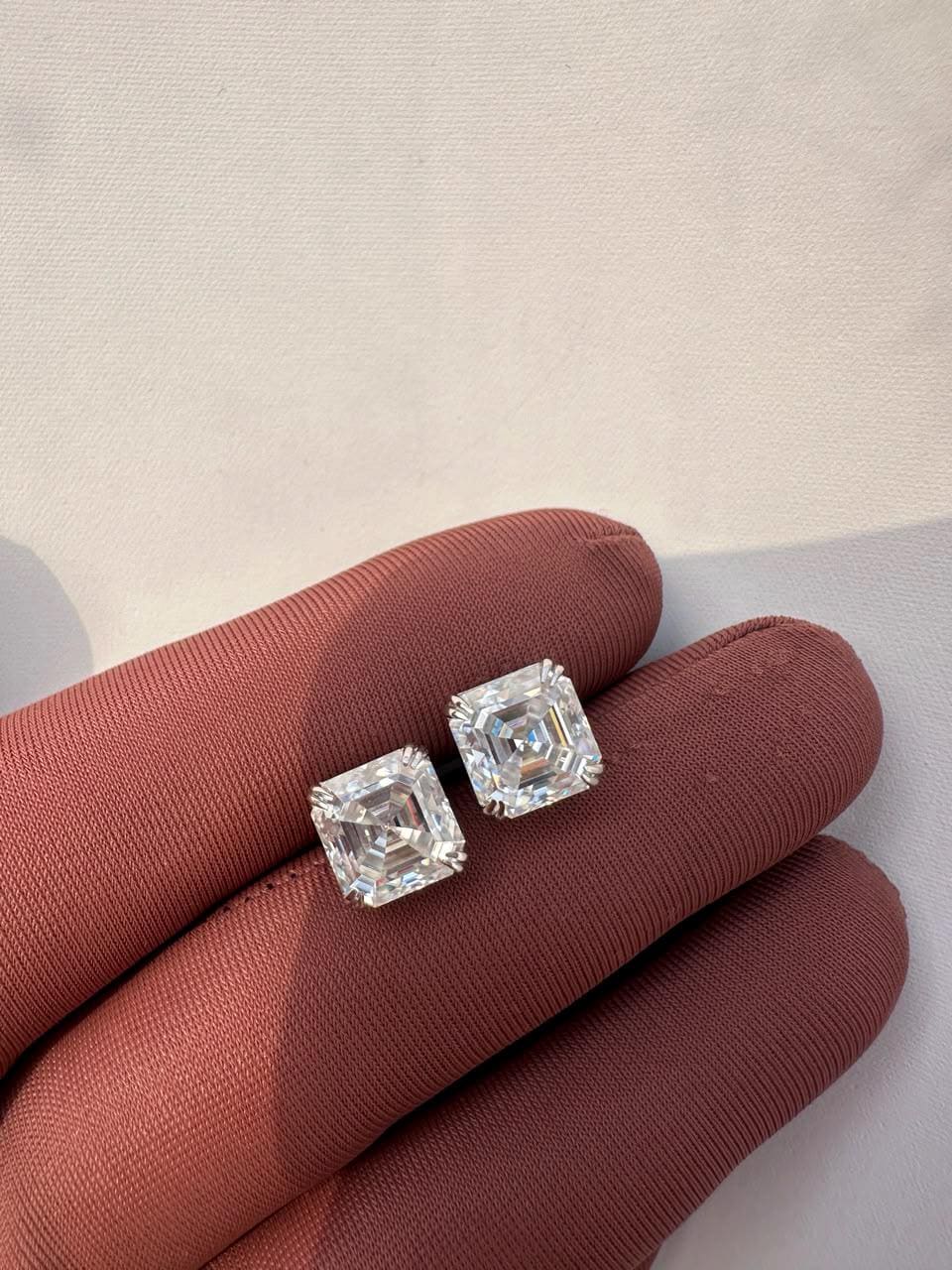 10CT Asscher Cut Moissanite Stud Earrings | 14K White Gold, Screw Back, Men's diamond studs