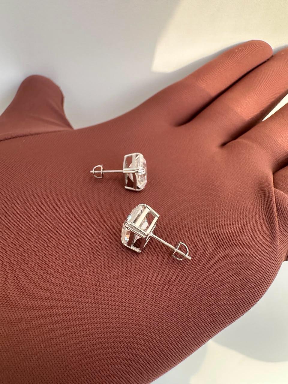 10CT Asscher Cut Moissanite Stud Earrings | 14K White Gold, Screw Back, Men's diamond studs