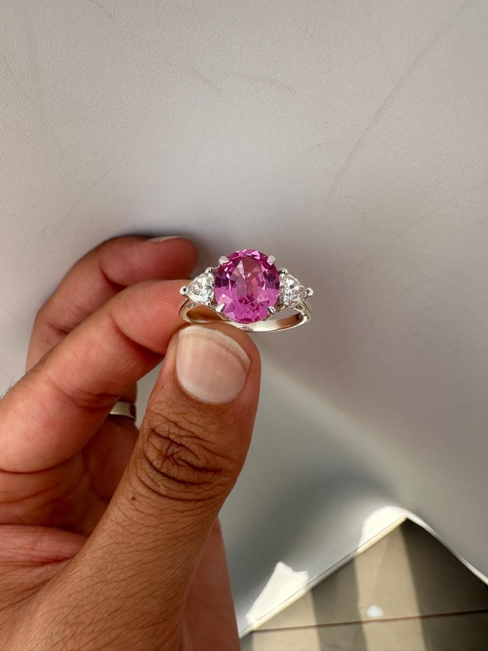 Oval Pink Sapphire Engagement Ring, 14K White Gold, Trillion Accents, September Birthstone