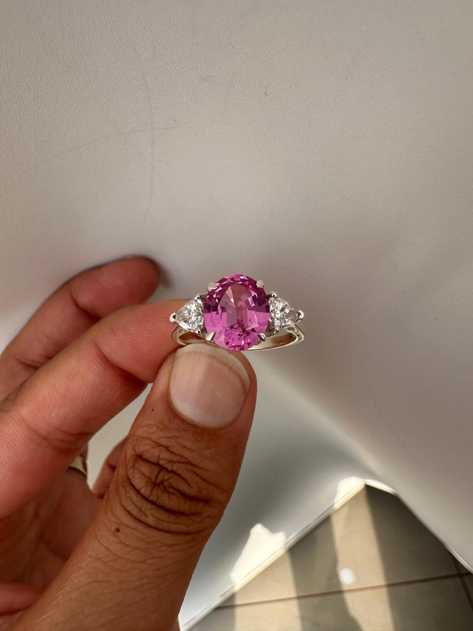 Oval Pink Sapphire Engagement Ring, 14K White Gold, Trillion Accents, September Birthstone