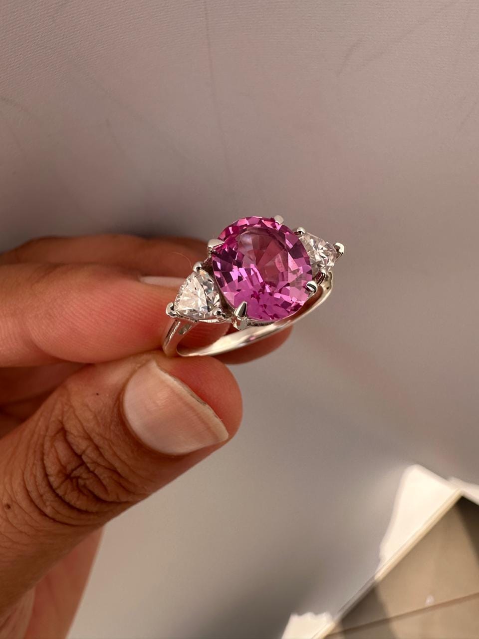 Oval Pink Sapphire Engagement Ring, 14K White Gold, Trillion Accents, September Birthstone