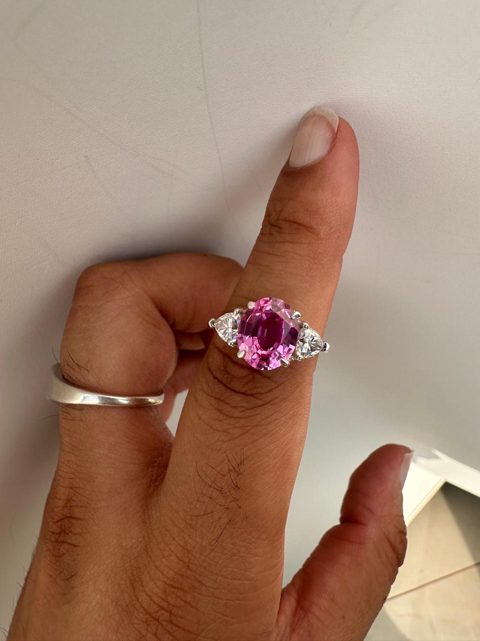 Oval Pink Sapphire Engagement Ring, 14K White Gold, Trillion Accents, September Birthstone
