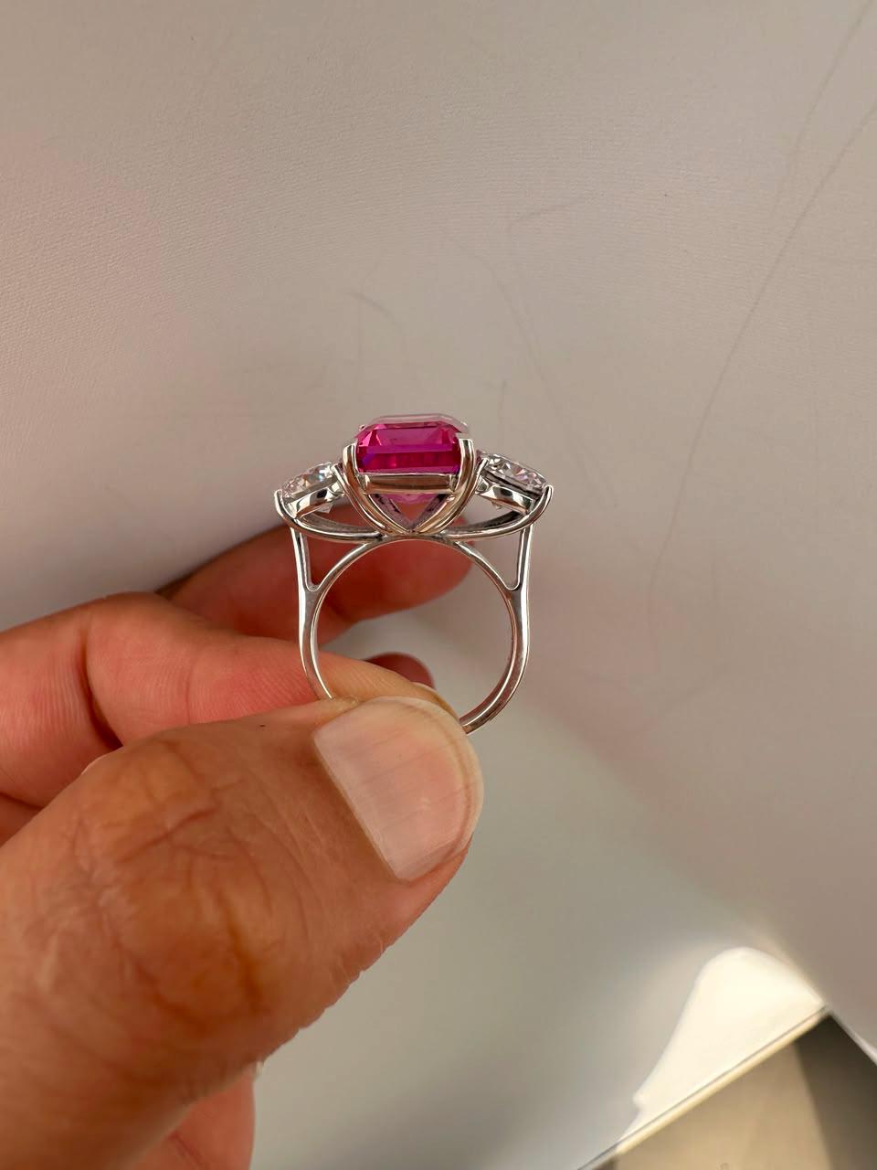 Emerald Cut Pink Sapphire Engagement Ring, 14K White Gold Three Stone Ring