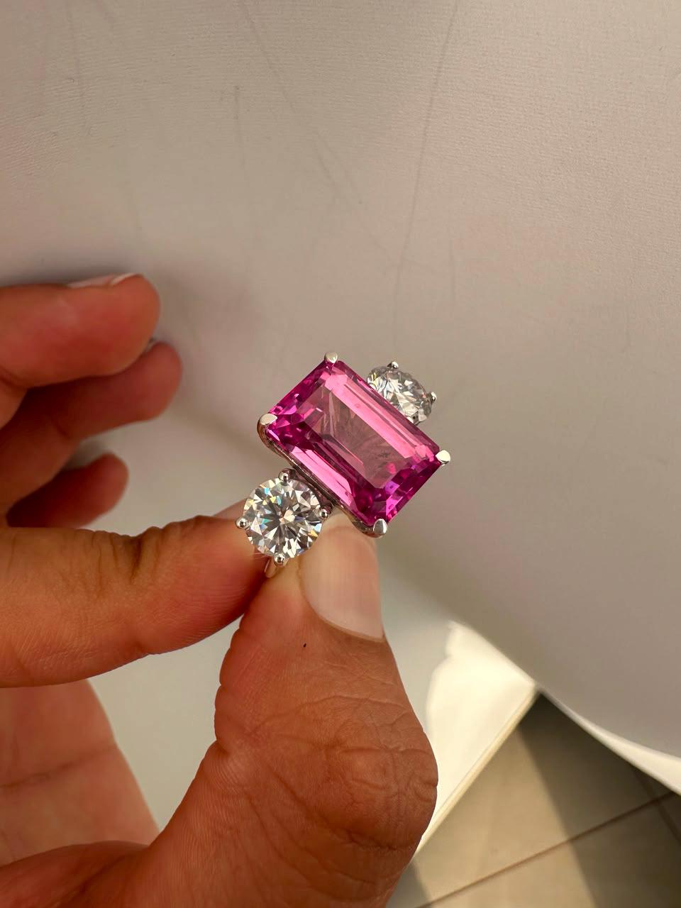Emerald Cut Pink Sapphire Engagement Ring, 14K White Gold Three Stone Ring