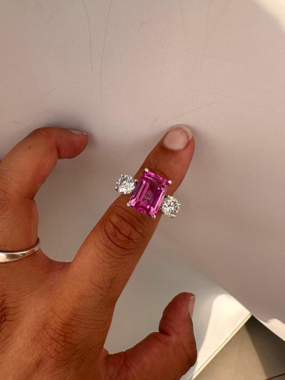 Emerald Cut Pink Sapphire Engagement Ring, 14K White Gold Three Stone Ring