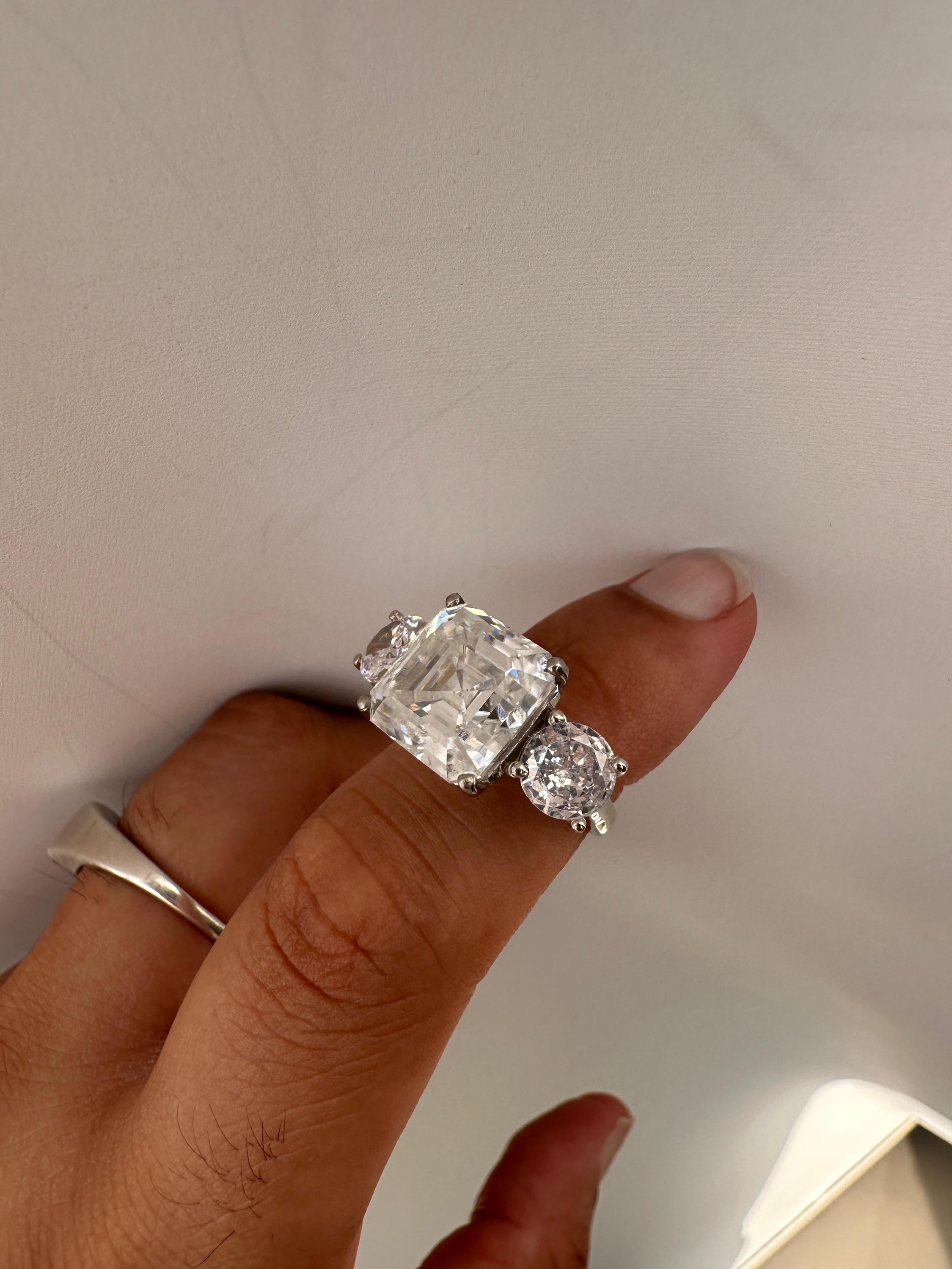 10 CT Asscher Cut Moissanite Ring, 14K White Gold Three Stone Engagement Ring