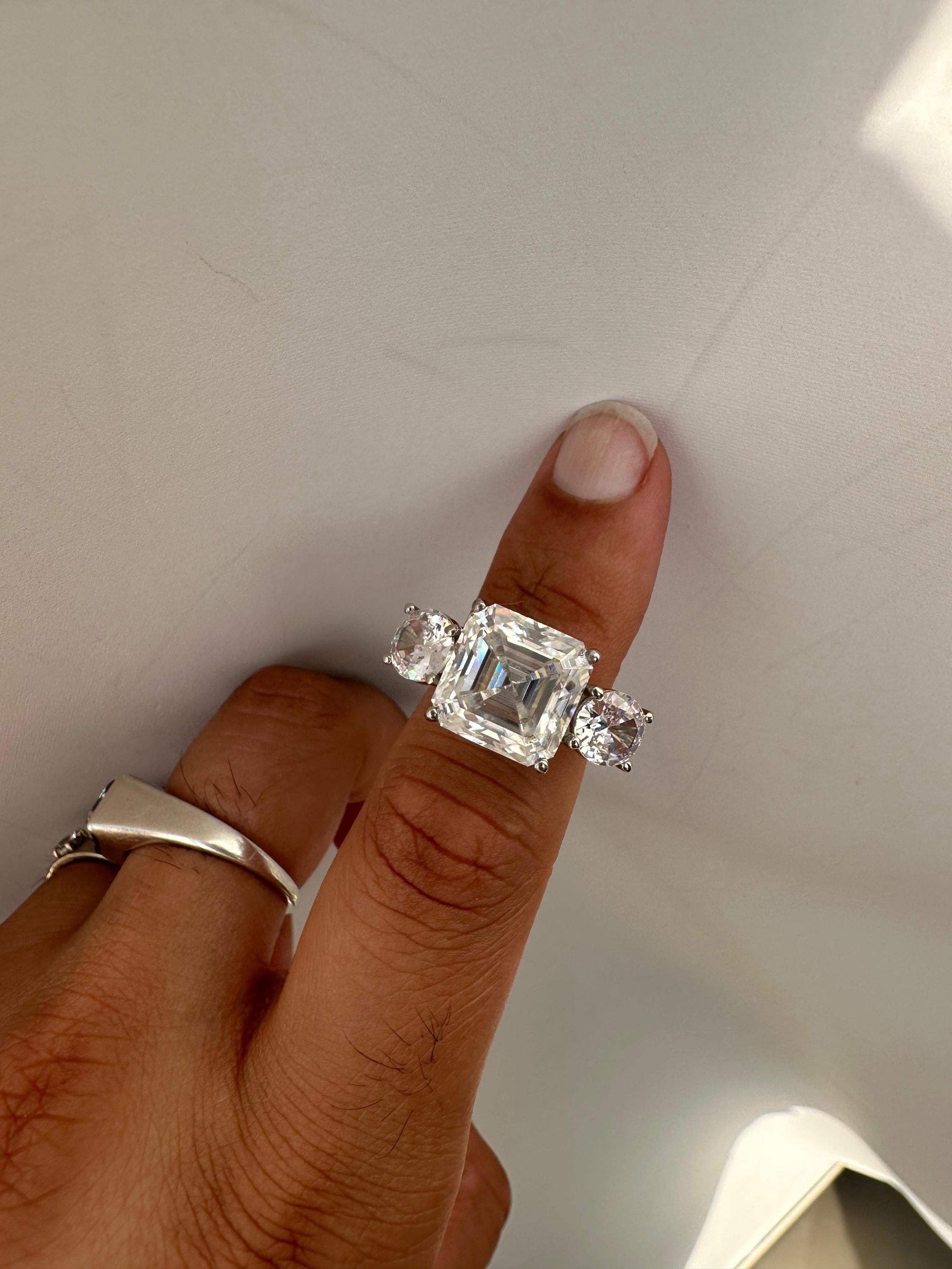 10 CT Asscher Cut Moissanite Ring, 14K White Gold Three Stone Engagement Ring