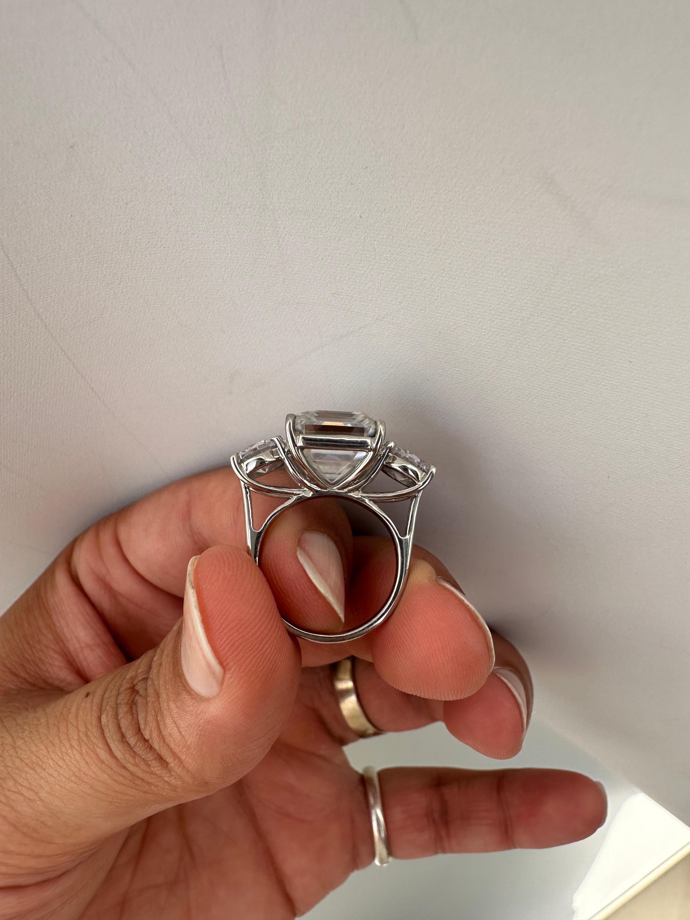 10 CT Asscher Cut Moissanite Ring, 14K White Gold Three Stone Engagement Ring