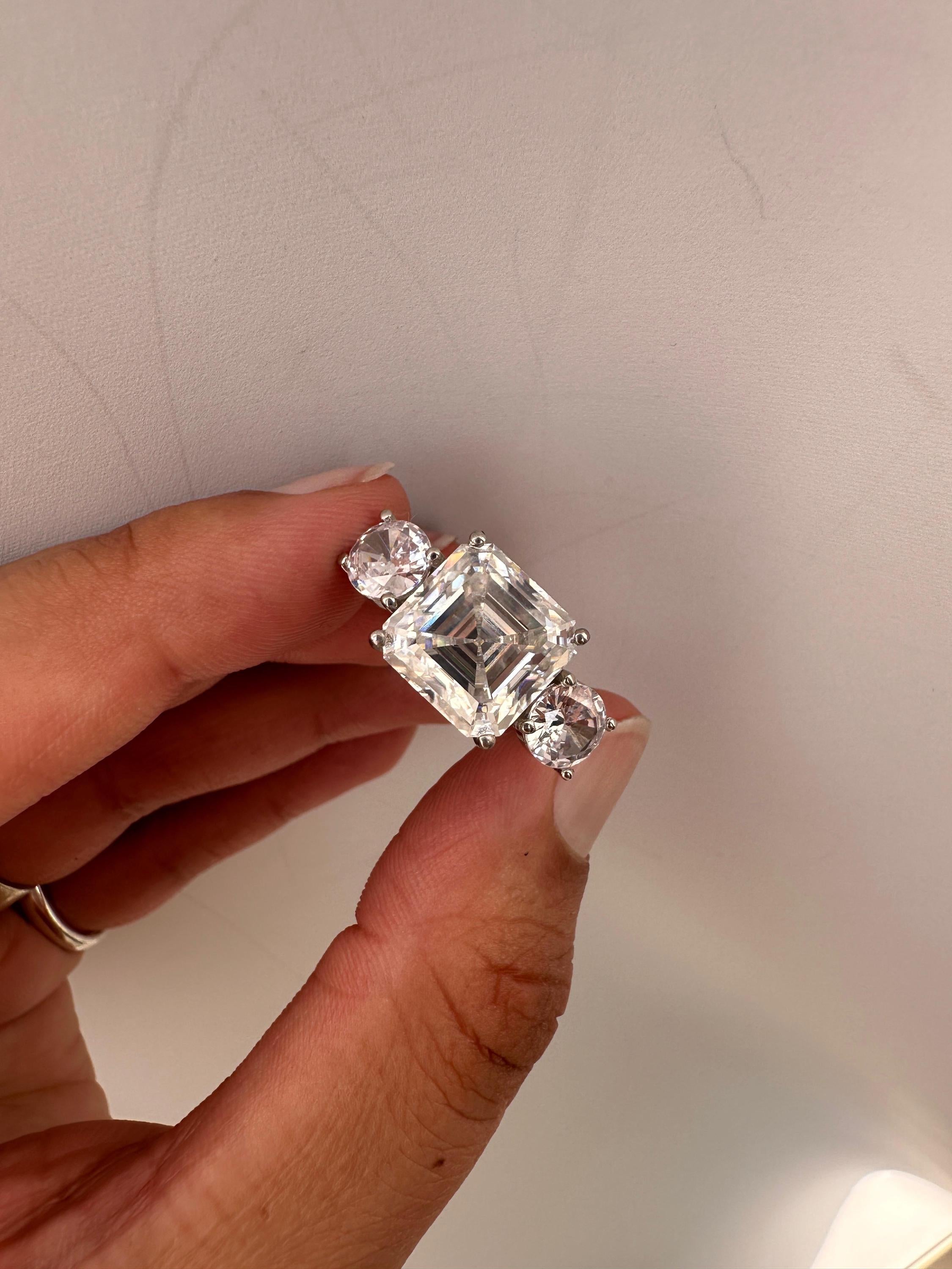 10 CT Asscher Cut Moissanite Ring, 14K White Gold Three Stone Engagement Ring