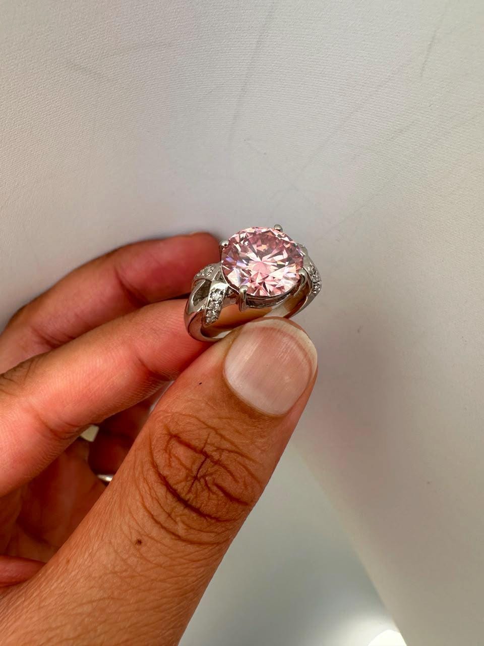 5 CT Pink Round Moissanite Engagement Ring, 14K White Gold Crossover Band
