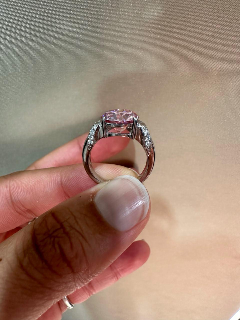 5 CT Pink Round Moissanite Engagement Ring, 14K White Gold Crossover Band