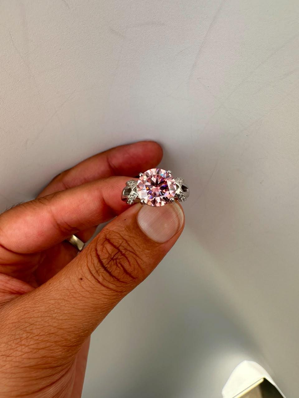 5 CT Pink Round Moissanite Engagement Ring, 14K White Gold Crossover Band